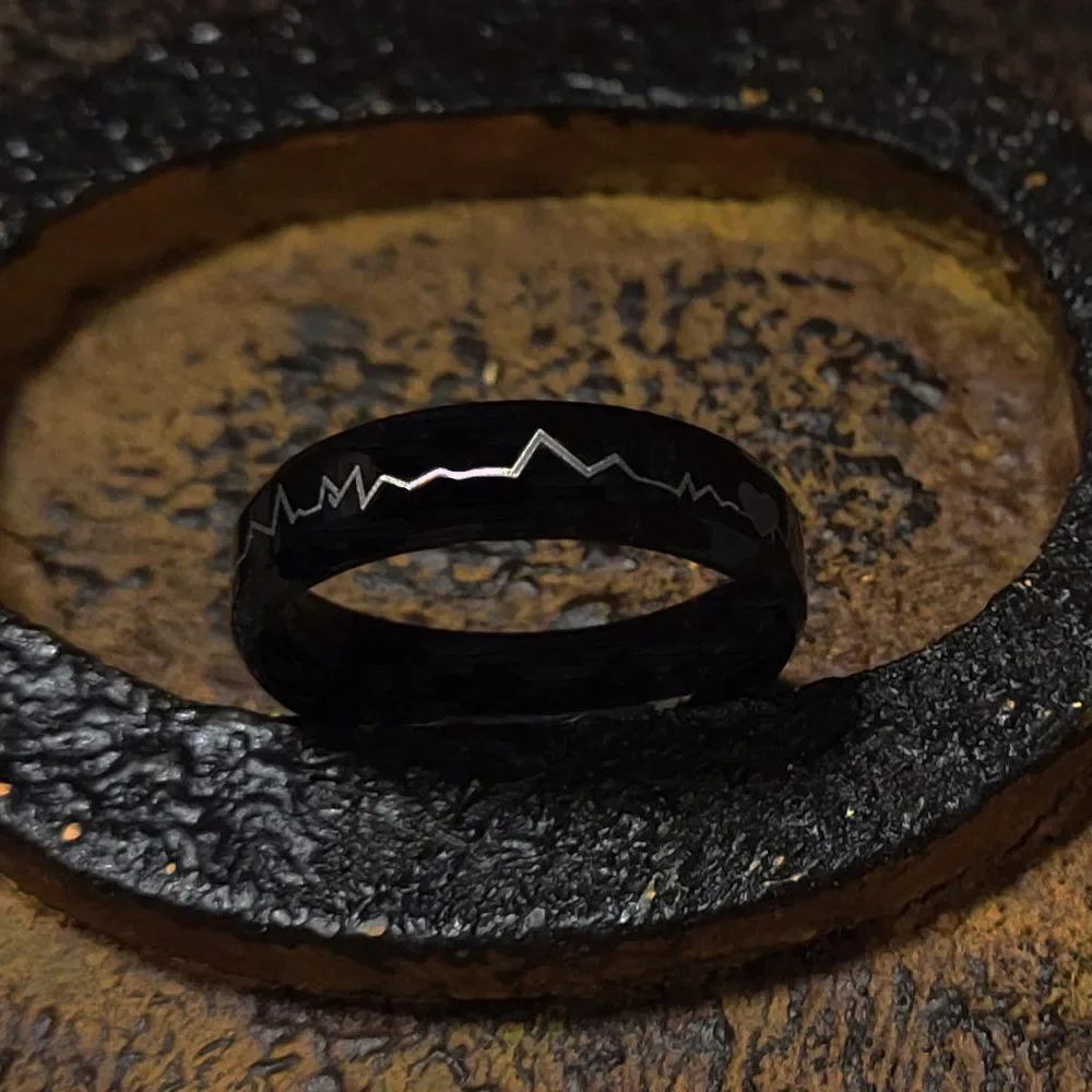 Men's Black Heartbeat Wedding Ring Band  - Heartbeat Wedding Ring For Him